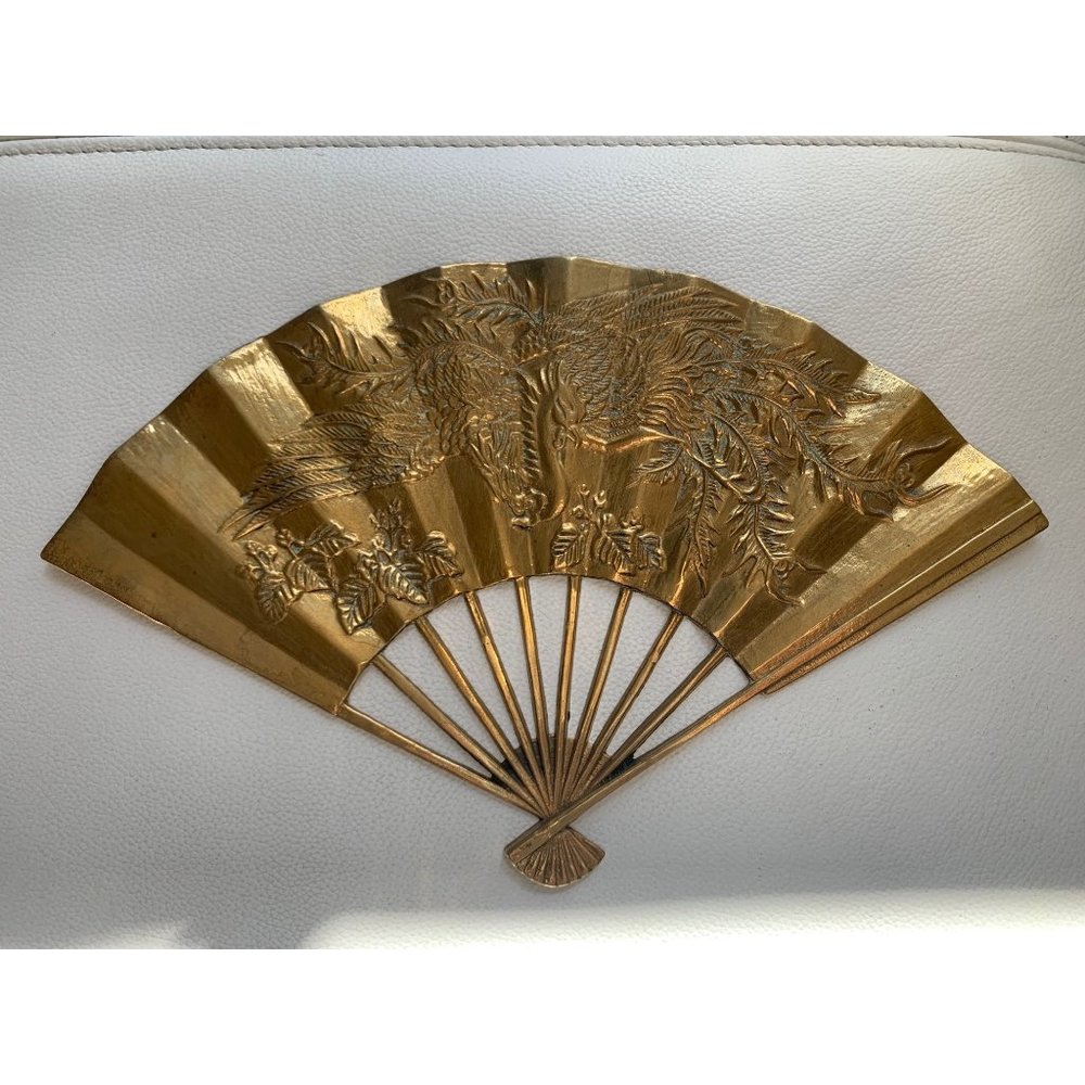 Vintage Solid Brass Japanese Fan - Phoenix Dragon Metal Wall Decor